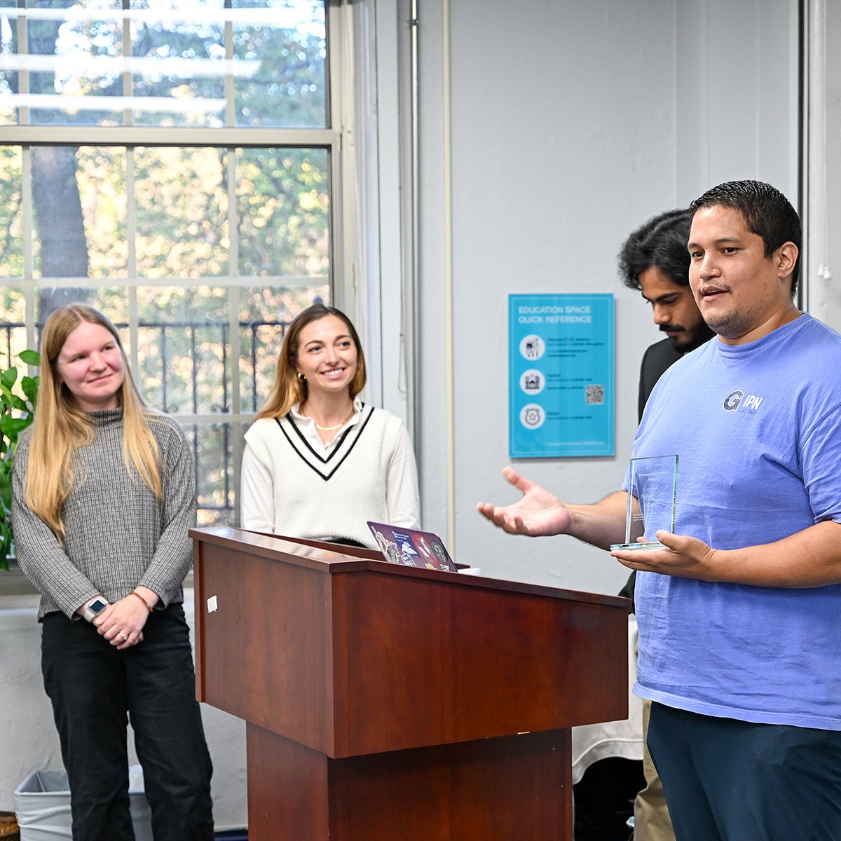 Zachary Colon, a former IPN student government member and former MCGSO president, speaks after receiving the inaugural IPN Student Person for Others Award, October 2025.